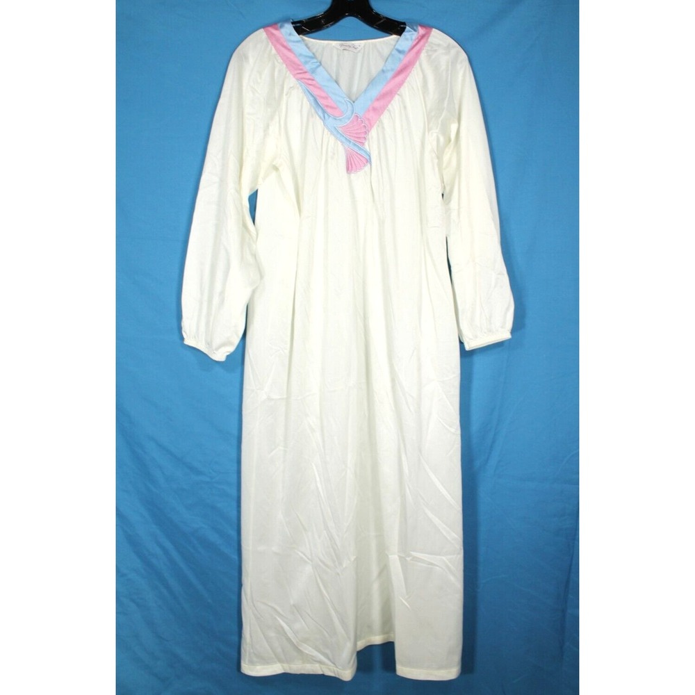VTG VANITY FAIR Ivory NYLON Fleece Backing SATIN TRIM V-NECK Lounge NIGHTGOWN S